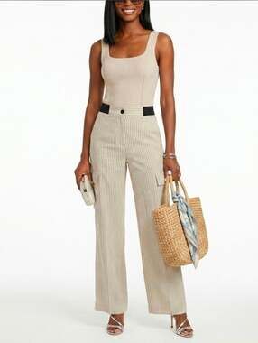 Nwot Ovi Beige Pinstripe Wide-Leg Cargo Pants
